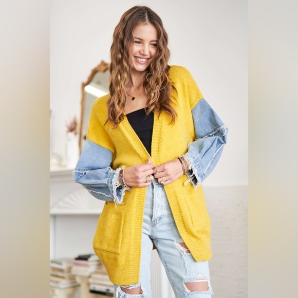 Yellow and Denim Sleeve Women's Sweater - Picture 6 of 6